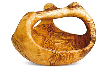 A handmade olive wood bowl with handles, showcasing the natural grain of the wood.