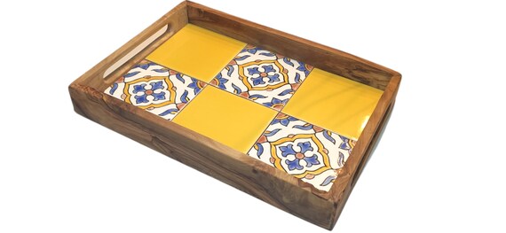 Large ceramic yellow board, hand made from olive wood.