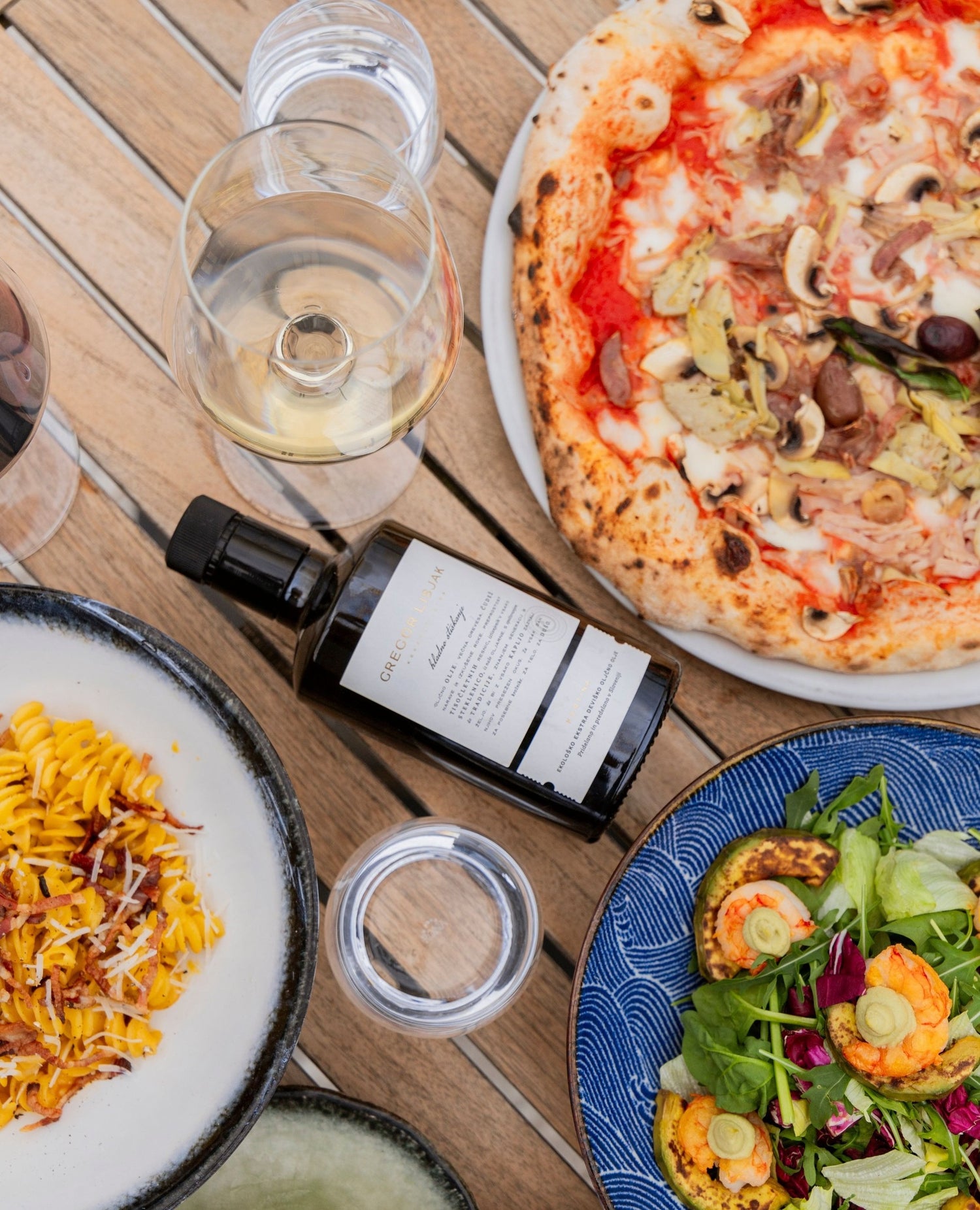 Extra virgin olive oil, food and some nice wine.